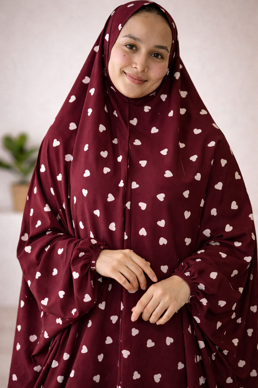 Burgundy Hearts Flowy Khimar